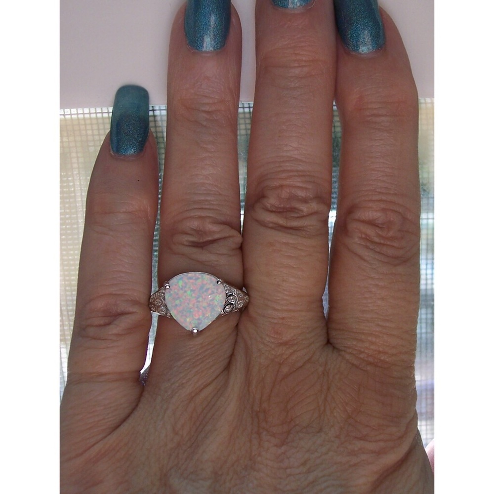 925 STERLING SILVER Lab Created White Fire Opal & CZ Ring - Picture 3 of 16